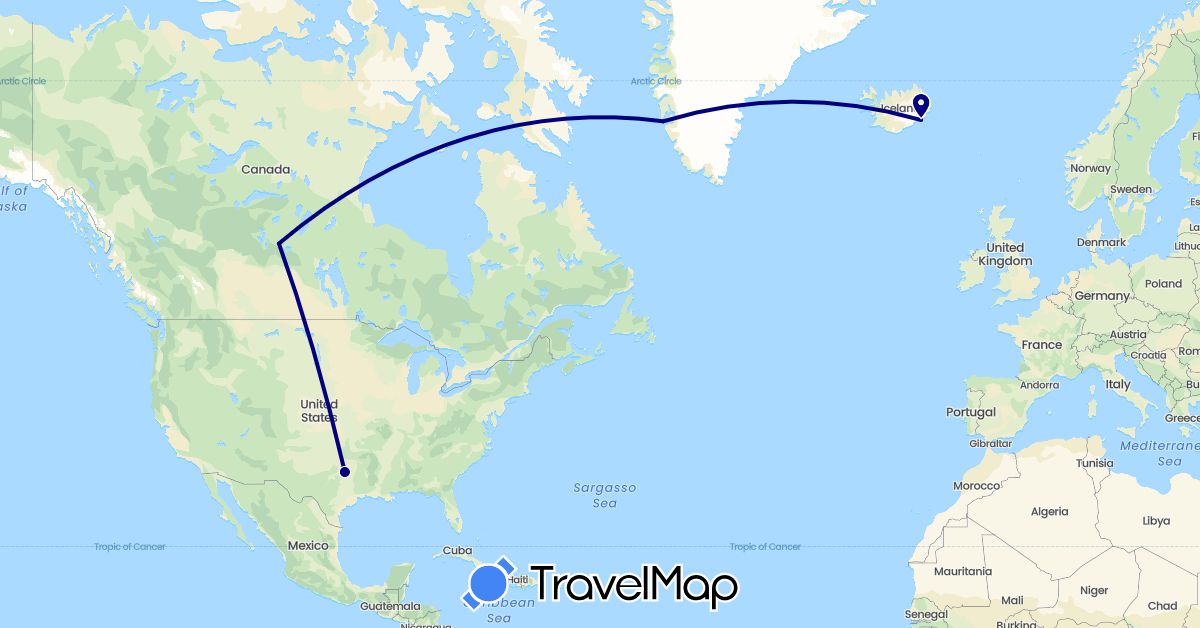TravelMap itinerary: driving in Canada, Greenland, Iceland, United States (Europe, North America)